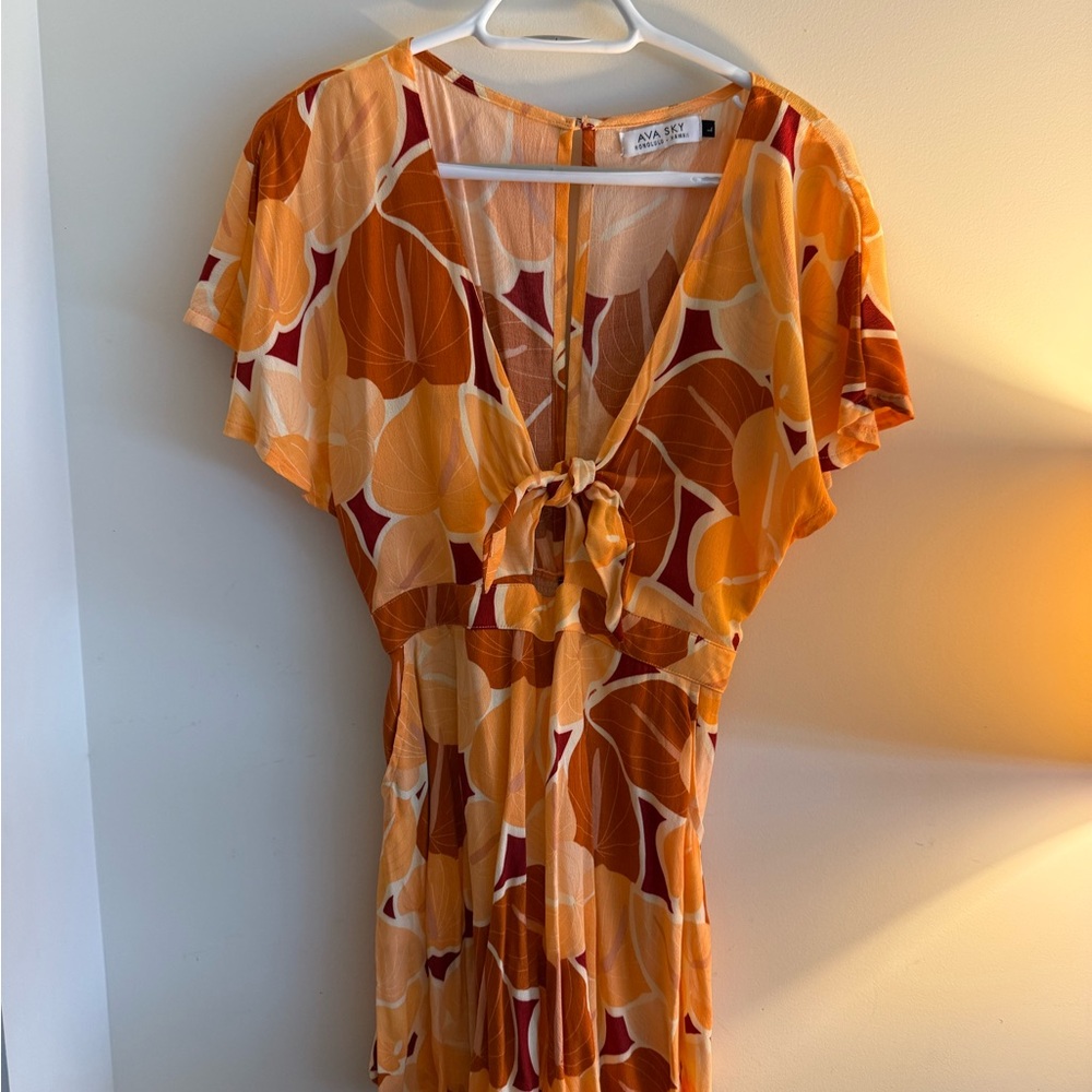 Ava Sky/Fighting Eel Orange and Brown Patterned Anthurium Romper